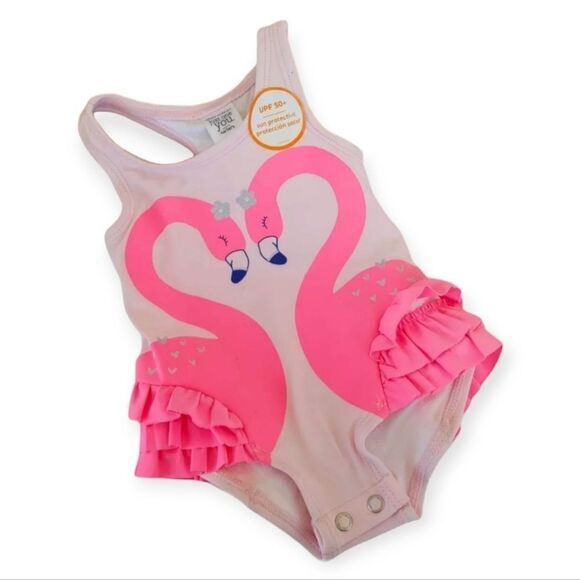 Carters Baby Girls Bathing Swimsuit Pink Flamingos Ruffles - Picture 1 of 6